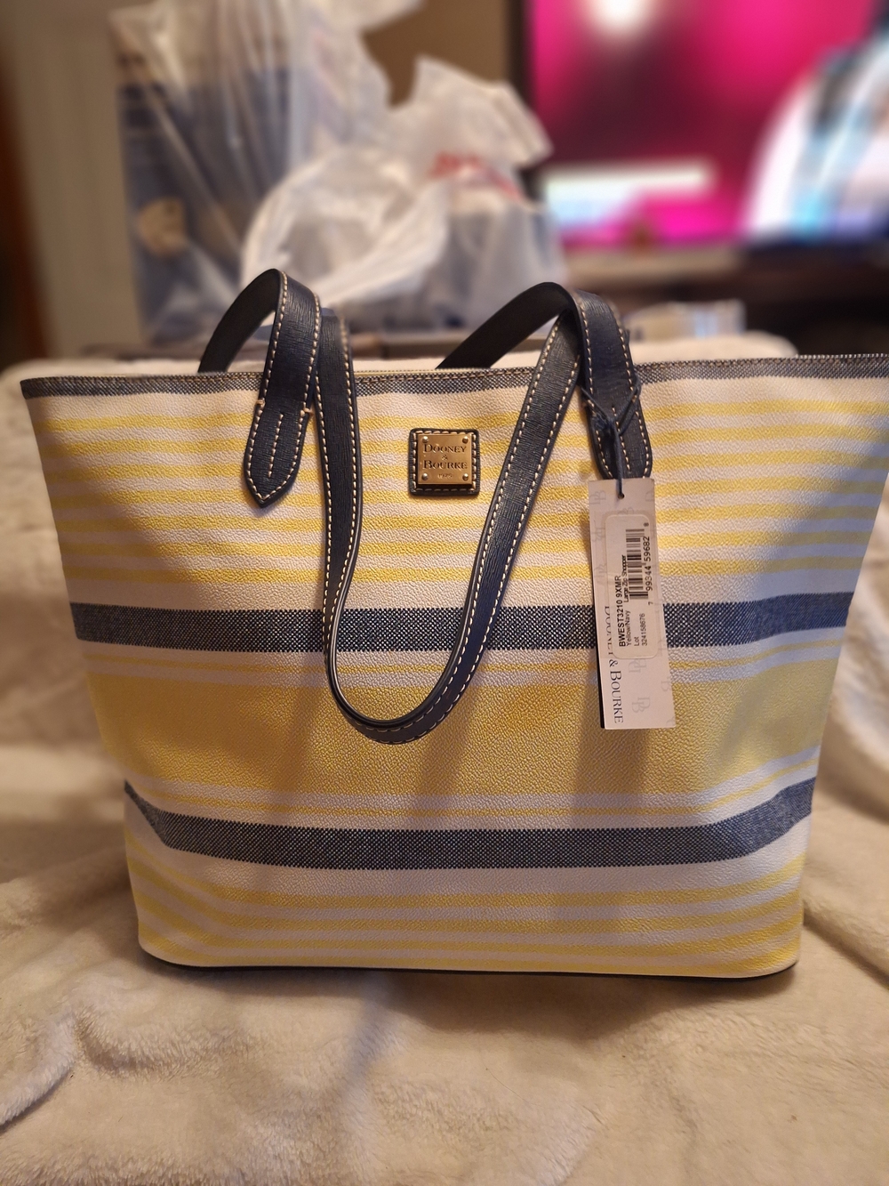 Dooney & Bourke Large Shopper Tote In Yellow And Navy Strip